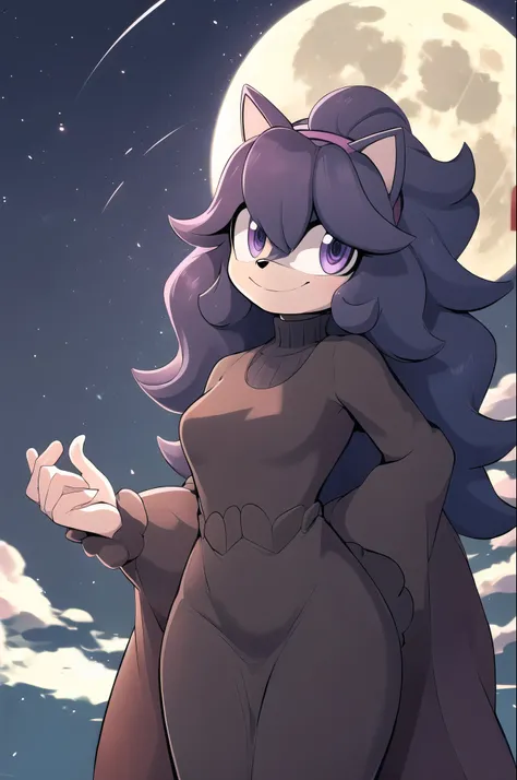 ((masterpiece,best quality)), absurdres, hex maniac (pokemon), long hair, ahoge, purple hairband, purple eyes, @_@, long black dress, smile, looking at viewer, cowboy shot, head tilt, full moon, hands behind back, (Mobian), cat, Mobian cat, sonic oc, Sonic...