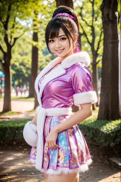 Thai idol, (-anime), only 1 female, colorful ultra short ponytail, beautiful smile, lipgloss, long lashes, defined eyebrows, magical girl cosplay, fluffy fur vivid colors outfit, cosplay accessoires, look at the camera, cinematic light, large park backgrou...