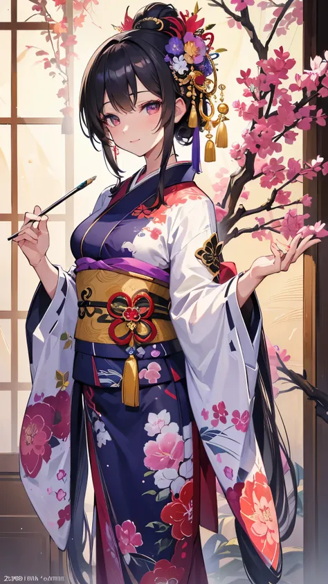 (( top quality)),( super high resolution ),( more),( detailed description ),(( best CG )),( Best Artwork ), Ultra Precision Art, Amazing Painting Art,(Exquisite art:1.5), A woman in a kimono, smile, Yingchun, Pine, bamboo and plum