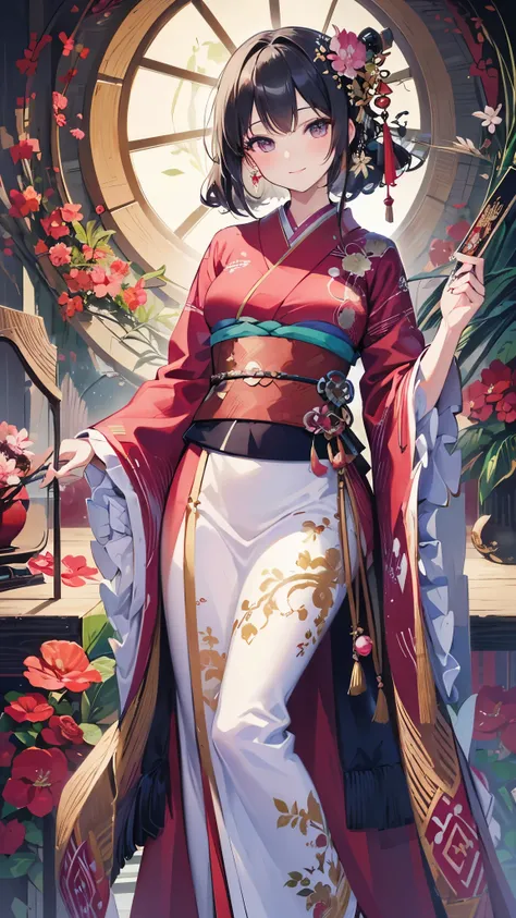 (( top quality)),( super high resolution ),( more),( detailed description ),(( best CG )),( Best Artwork ), Ultra Precision Art, Amazing Painting Art,(Exquisite art:1.5), A woman in a kimono, smile, Yingchun, Pine, bamboo and plum