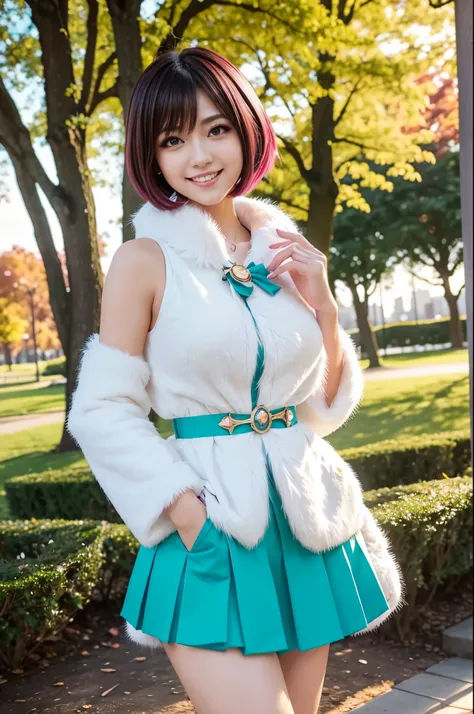 ultra sexy female, (-anime), only 1 female, very short hair, beautiful smile, lipgloss, long lashes, defined eyebrows, magical girl cosplay, fluffy fur vivid colors outfit, cosplay accessoires, look at the camera, cinematic light, large park background wit...