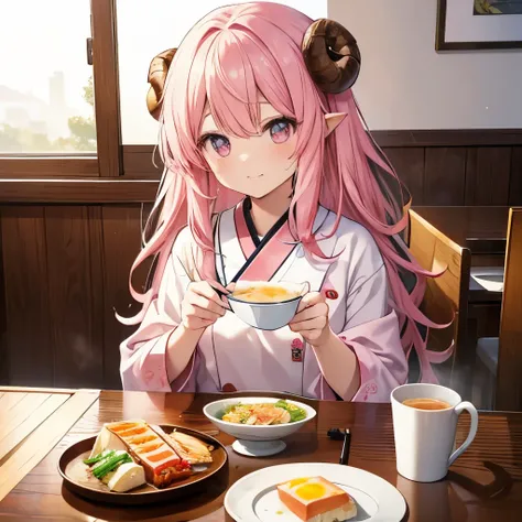 An anime-style illustration of ‘Fua-chan’ enjoying a wholesome breakfast. Fua-chan has long pink hair styled in soft curls resembling sheep’s horns, and her pink eyes are bright and cheerful, reflecting the freshness of the morning. She is depicted sitting...