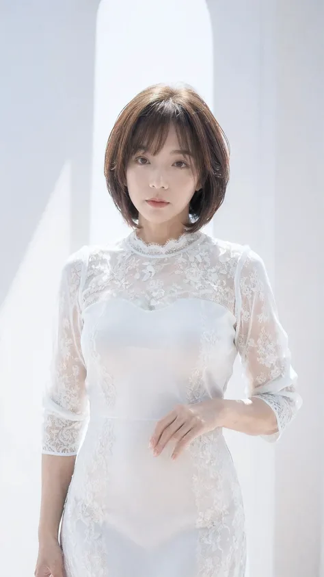 (( top quality)), ((8k)), ((masterpiece: 1.3)), ( perfect appearance ), ( Photorealism: 1.6), (KH), (Mature Woman),  Perfect Anatomy, ((65 years old)), ((Standing)), ( bob hair), (white neat long lace edge dress), ( upper body lift with an emphasis on faci...