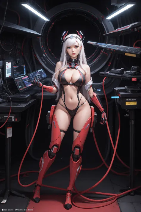   full body photo,    there is a woman with a headdress and many wires,   highly detailed visual portrait of  , symmetry! Futuristic robotic  , necro, nilian animation studio, Vadim Voitekhovitch,  Shot of a Goddess , Cinematography of 2015, beautiful cybo...