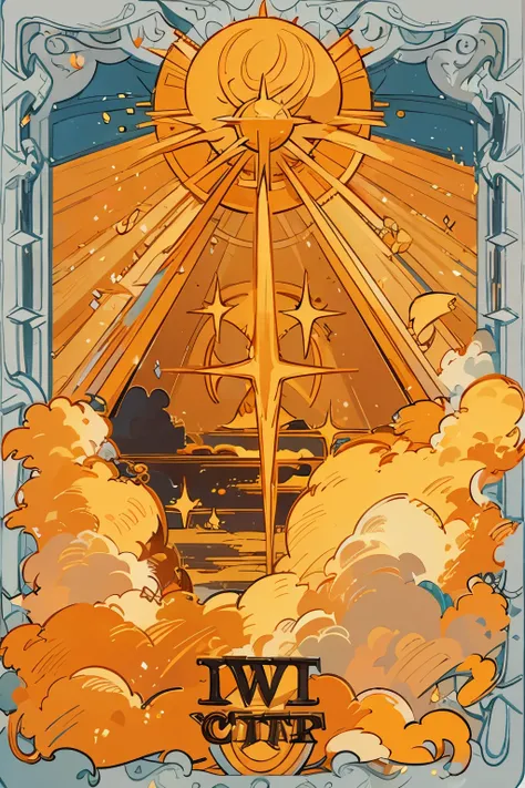 a masterpiece of a tarot card art of the sun, a beautiful orange sun in the middle of a golden sky, best quality, ultra-detailed, hyperrealistic, photorealistic, vibrant colors, dramatic lighting, glowing sun, radiant sun, intricate details, precise render...