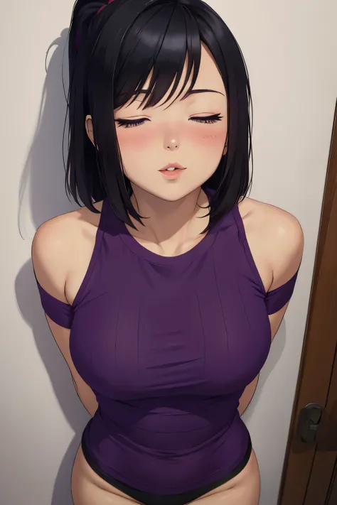 a short sexy woman wearing purple t shirt and black tracks, pinned against the wall, eyes closed, lips parted, blushing intensely, ready to kiss