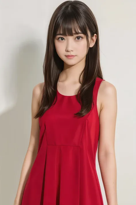 Highest quality,Photo quality, detailed,A girl,red sleeveless dress,bangs bangs,white background,black straight long hair,Commemorative photo