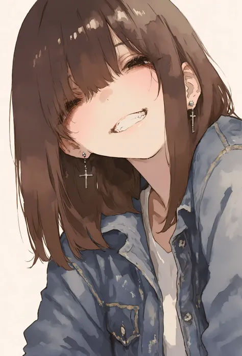 best quality, masterpiece, 748cmstyle, 1girl, Dark brown hair,  medium hair ,  medium hair , Hair in the eyes, small cross earrings, medium blest, Grin,  simple background, anime, Watercolor,  denim jacket