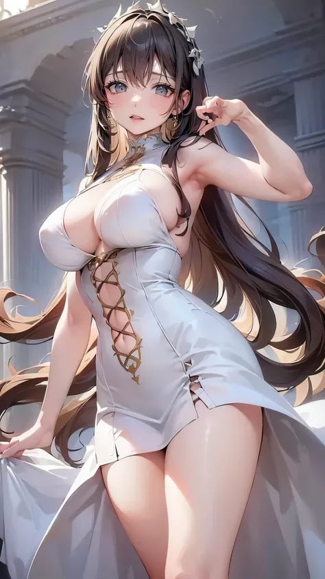 (1girl:1.3), cinematic light, solo, breasts, Lace-Up Bodice Dress,  silky long hair, (brown) hair, (masterpiece, top quality, best quality, official art, beautiful and aesthetic:1.3), extreme detailed,highest detailed,(ultra-detailed),((an extremely delica...