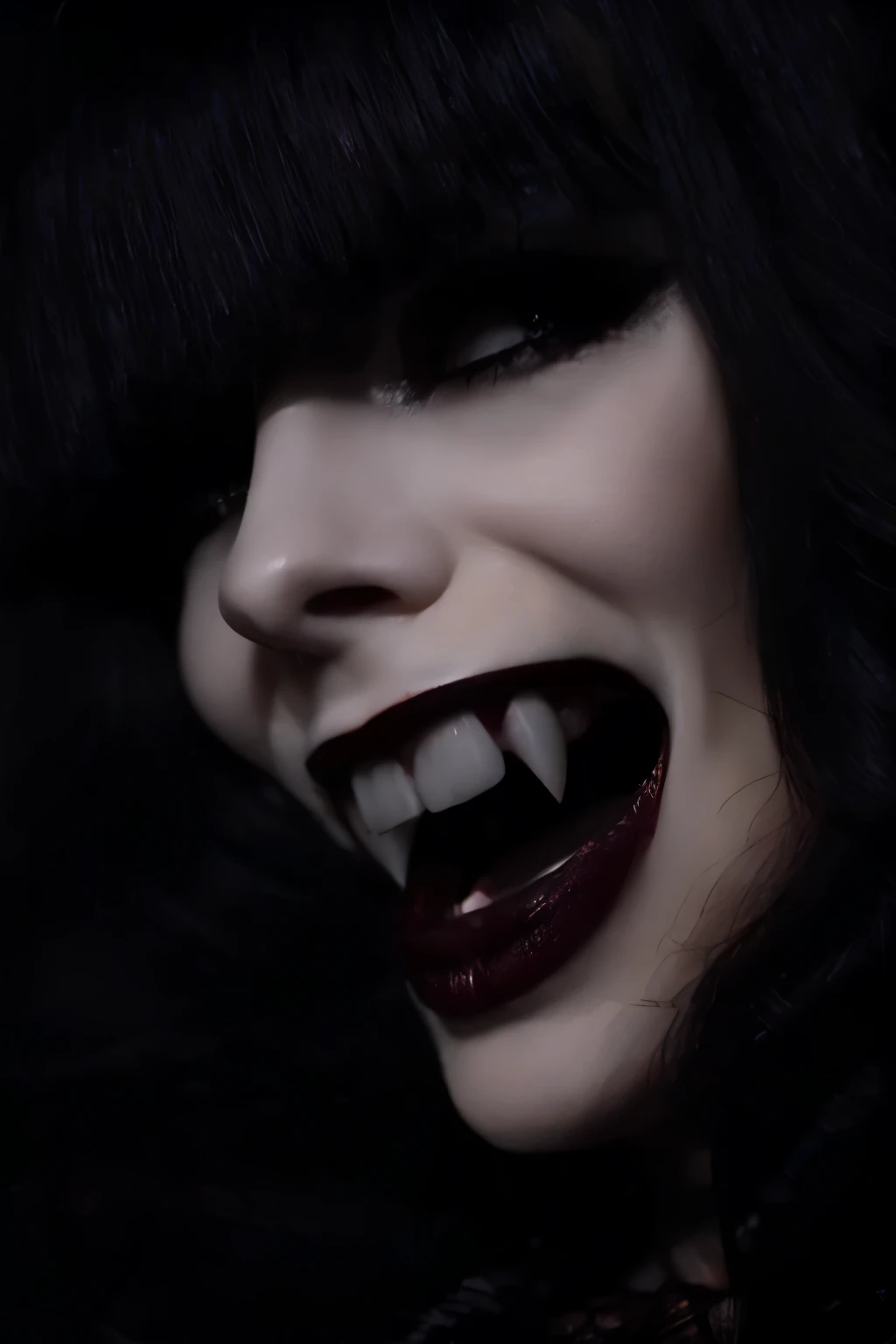 Dark Fantasy Art of Diffused Light fill light
 a vampire woman with vampires fangs teeth with a creepy face and a creepy hair vampire style
 dark, moody, dark fantasy style