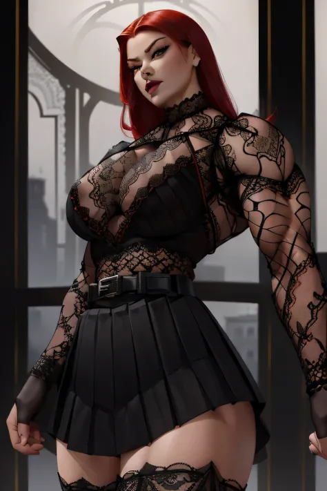 ((Close-up)), tall, (red hair) beautiful muscular asian woman, long hair, white skinned, closed smile, large breast, (black lipstick), (massive muscles), (hyper muscle), ((ginormous bulky muscles)), yellow eyes, ((((long sleeve black lace top)))), ((((blac...