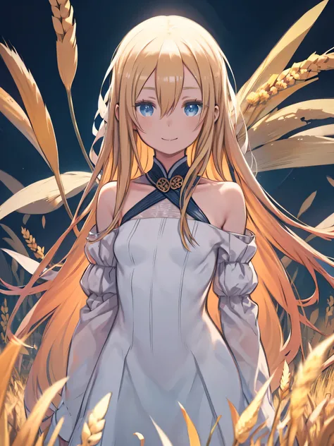  blond hair、hair between eyes、 blue eyes 、 straight long hair、masterpiece,  top quality,  super high resolution ,   Details illustration,  portrait,   Details, A girl standing in a wheat field, Alone,  long hair,  dress, flower,  smile, whole body, White F...