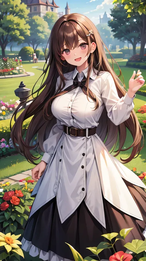 Brown long hair, wearing white opened shirt and long black skirt, laugh, circle belt, garden, big tits