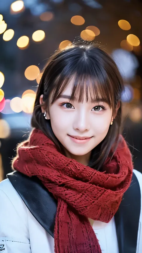(Wore a winter uniform and scarf coat、 Close-up portrait of a girl with long hair and dull bangs:1.5)、(one person*** wearing a winter uniform and scarf coat spreads her arms and has a shy smile :1.5)、Age 25、( Christmas decorations on a street corner on a s...