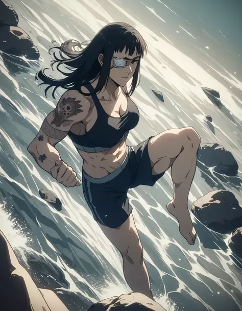 score_9, score_8_up, score_7_up,score_6_up,high resolution,source_anime,s0fiavalm3t,1girl,eyepatch,black hair,long hair,,water,rocks,volumetric lighting,rim lighting,dof,dramatic shadow,full body,dynamic pose,looking at viewer,pov,suspended in air, tattoos...