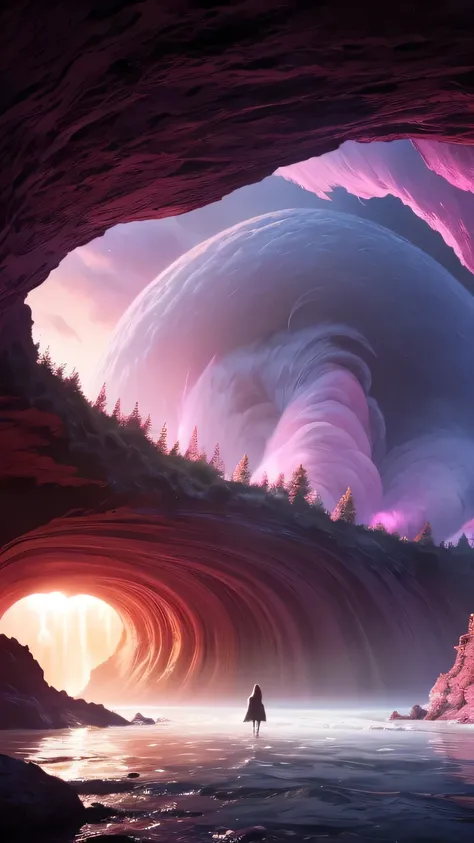 The image appears to depict a fantastical, otherworldly landscape. It shows a swirling, pink and purple cloud formation with a cascading, sparkling waterfall or energy flow. In the foreground, there is a small animal, possibly a cat or other furry creature...