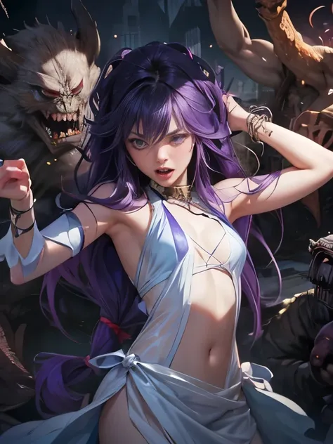 top quality、torture、 slave、restrict、Bondage、Caught by a bunch of monsters 、Surrounded by monsters、とても長い赤の髪をした美しい sexyな女性( messy hair)、white see-through celtic dress 1:5(white、medium breast deep v-neck、Sleeveless、 belly button out、No elbow pads、Beautiful ...