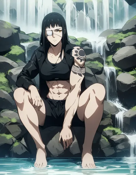 score_9, score_8_up, score_7_up,score_6_up,high resolution,source_anime,s0fiavalm3t,1girl,eyepatch,black hair,long hair,,water,rocks,,dramatic shadow,full body, tattoos on shoulder,wearing sport bra,black sport shorts,Barefoot,training hard,,sporting attra...