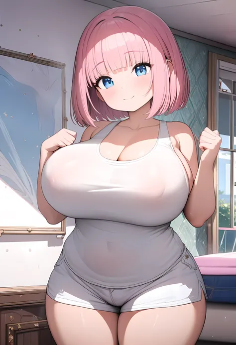 ( cute girl,loli),( white tank top, Shorts ),(cute light blue eyes , smiles shyly),( very big breasts),( big thighs ),( pink hair, bob hair,blunt bangs),room, Cowboy Shots ,ultra-detailed,8k, best quality, masterpiece, clear, ultra high res, super detail, ...