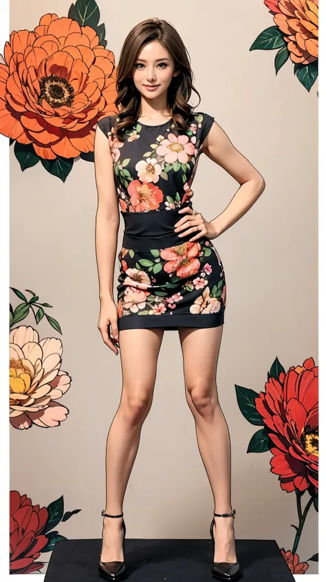 (( Masterpiece)),(((   top quality))),  thin thighs ， long legs   ,whole body:1.5，A girl posing with an M-shaped leg spread:1.5，Wearing black tights:1.5， is wearing high heels:1.5，(floral mini skirt dress:1.5)，Blonde curly hair:1.5， beautiful smile:1.5，Squ...