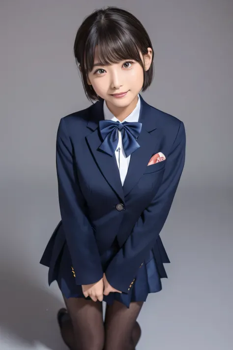 Navy Blue Blazer、(( Hides below the knee with a navy blue tight skirt))、White blouse、((navy blue plain large bow tie))、((( black pantyhose that hold the right side of the chest)))、(( Black Loafers ))、(( Full body photo of a standing figure showing up to th...