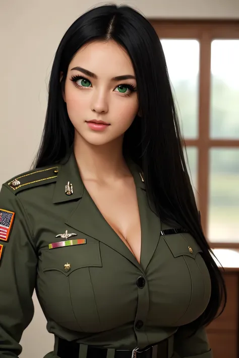 1 girl,  long intense black hair, intense green eyes, fine features,  big breasts, dressed as a military man