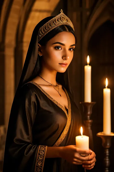 woman around 19 years old, natural black hair with mantle on head, distinctive brown eyes, wearing kohl, slender and graceful, Beautiful, candlelight in a medieval setting, Ultra sharp focus, Realistic filming,  medieval womens clothing , four-core