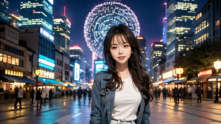 misakiai,小さな胸,An elegant anime-inspired urban plaza at night, featuring a tall, sparkling Christmas tree adorned with glowing ornaments, a cute young woman standing near the tree, holding beautifully wrapped presents in her arms, wearing a fashionable gree...