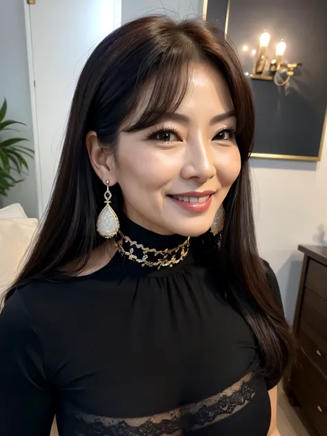 ５８ years old　Mom　MILF　Korean, Lady　large earring　Big choker　　realisitic　Gorgeous Madame Beautiful Mature Woman　sexy　Smile　Gentle woman navel piercing　４K　High quality 　タートルネックセーター