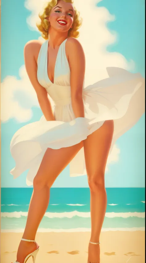 Iconic pose of Marilyn Monroe posing flirtatiously, in her white swimsuit while leaning 30 degrees and touching her thighs with her two hands. "A charming vintage style poster featuring a woman in classic 1950s American fashion. Vintage American illustrati...