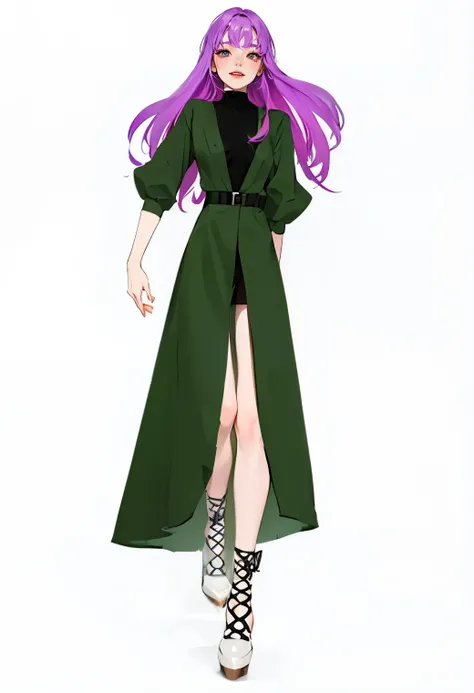 Purple hair,long hair,Adult female,(bartender),((Body Harness)),((Roll up your shirt sleeves)),(corset),(skirt),(High heels),((Simple white Background)),smile,((whole body)),((full body)),Character Sheet,