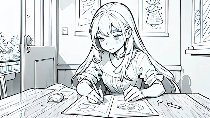 a coloring book page, a cute longhair girl on a room drawing comic, black and white, simple and minimal, perfect shapes, only lineart, no gray or shades