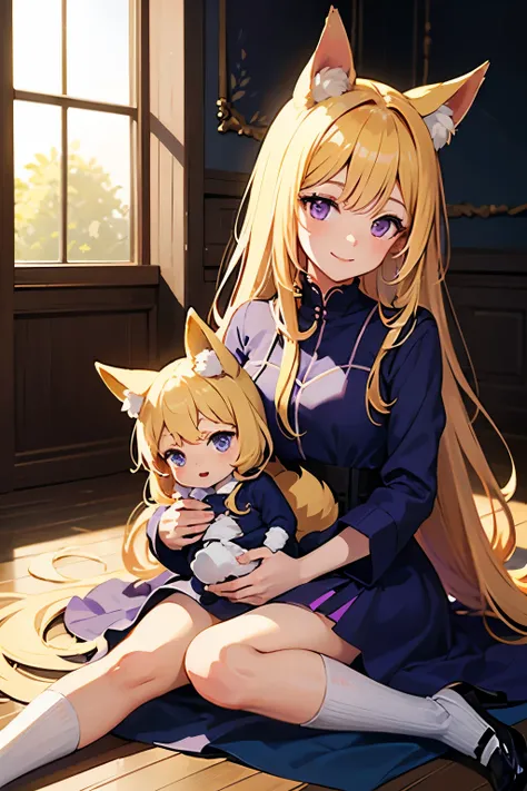 1child  daughter age 3 Blonde Hair,  Long Hair, Fox ears, Smile,purple eyes sitting on the floor nine tails cutesy anime style  in a cute modest purple outfit younger tiny   sitting on floor coloring  a   size  tiny small  baby 