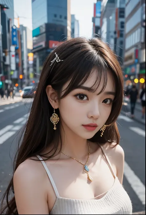 ((Idol level girl)), ​masterpiece,  best image quality,  ultra-detailed, ( perfect body :1.2), ( perfect face),  close-up ,  Viewers Perspective,  detailed hair, laughs、 Details Eyes (Realistic eyes), Professional Lighting , middle breasted,( brown eyes),(...