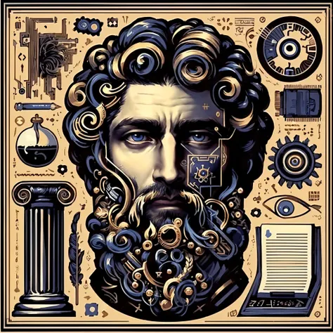 a close up of a painting of a man with a beard, stoic face, portrait zeus, masterful intricate artwork, stoic, illustration in the golden ratio, stoic facial expression, elaborate digital art, stoicism, by Justin Gerard, intricate greg rutkowski, philosoph...