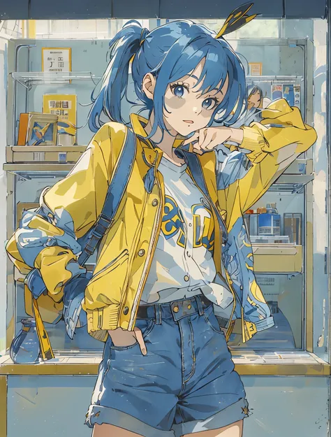 High school girls turn their hair into a bun、  and baby face 、solo、 blue hair、Huge 、Yellow clothes、  denim hotpants  ，The background is dark blue 