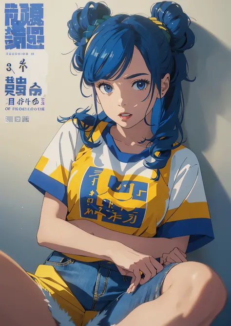 High school girls turn their hair into a bun、  and baby face 、solo、 blue hair、Huge 、Yellow clothes、  denim hotpants  ，The background is dark blue 