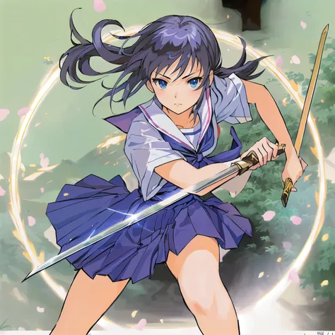 anime girl in a blue skirt holding a sword and a sword, fubuki, rumiko, yuyushiki, official art, inspired by Kusumi Morikage, hq artwork, ikki tousen, misato katsuragi, rei hiroe, advanced digital anime art ”, inspired by Tsubasa Nakai, hinata hyuga