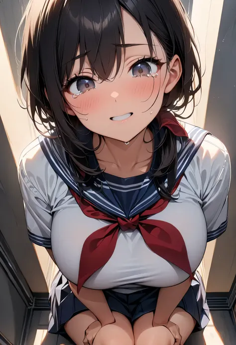 ( Masterpiece , top quality:1.2), 1 girl, Alone, expressive eyes, (((Sit in the hallway holding your knees))), ((( gym sitting ))), looking at the camera, Female College Student, Short Black Hair , ((( perfect face girl who wraps a neckerchief dire...