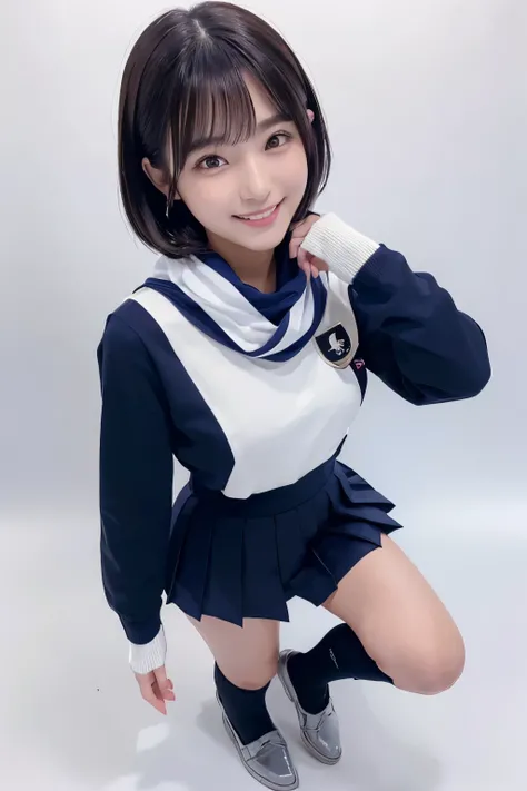  highest image quality taken by Ki、HDR、White Sailor Suit、((Long tight skirt that hides the knee in plain navy blue ))、((black plain scarf ))、((( navy high socks )))、(( Black Loafers ))、(( full body photo of standing up to the feet))、Cute high school girls、...