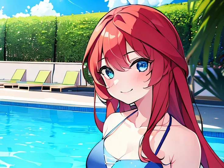 ((masterpiece)), ((best quality)), (ultra-detailed), pool, a cute girl, 1girl, solo, bikini, ((beautiful eyes)), smile,