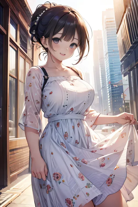 high-definition image, (((round face))), eyes realistic sizing, realistic skin, drooping eyes, smiling, ((various patterned feminine casual long dress)), (highly detailed realistic texture panties), (strong sunlight, old fashion), skyscrapers, hair up, 