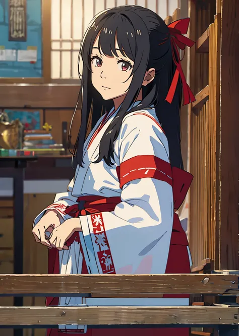  high school girl、  and baby face 、solo、 black hair、 straight long hair 、bangs、Shrine maiden、shrine、