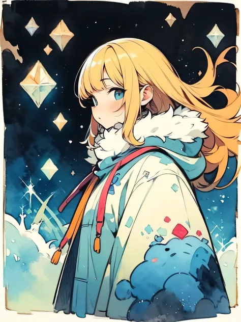 sideview, Alone, (looking at viewer), fur hooded winter clothes、Blonde, Hooded 、 russian、cute、 beautiful views of the Arctic、Ice World、Orange Asahi ,like a painting, watercolor painting style, The Art of Mathematics, Official Art, Masterpiece, beautiful, (...