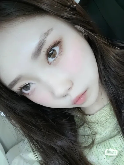 a close up of a girl with long hair and a green sweater, ulzzang, wan adorable korean face, brown eyes and white skin, sakimichan, cute natural anime face, light brown eyes, big round cute eyes, soft makeup, young adorable korean face, popular south korean...