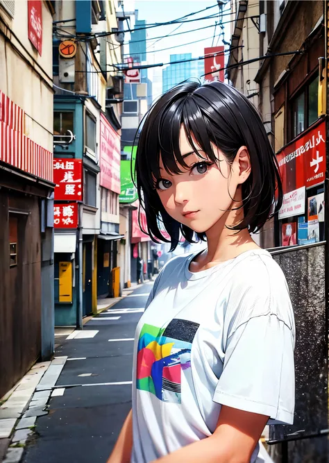  high school girl、  and baby face 、solo、 black hair、 short bob hair、bangs、Huge 、 Casual Street Fashion 、