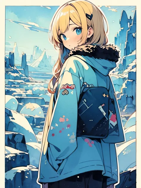 from behind, Alone, (looking at viewer),Warm suit with fur hood、Blonde, Hooded 、 russian、cute、 beautiful views of the Arctic、Ice World、Orange Asahi ,like a painting, watercolor painting style, The Art of Mathematics, Official Art, Masterpiece, beautiful, (...