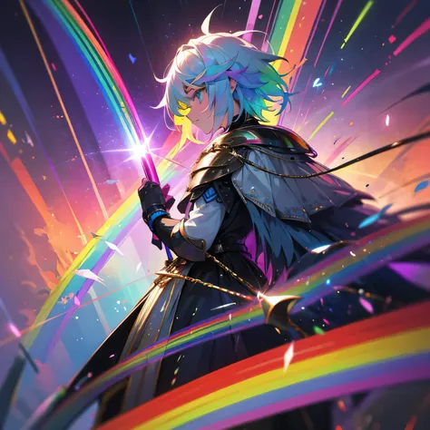 A knight in rainbow armor, hair and eye color is iridescent, has rainbow lights around, holds a whip and has many rainbow swords on his back.