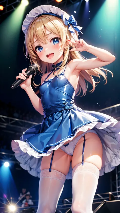 best quality,1girl,((small breasts,loli:1.3)),orgasm,blush,smile,short eyebrows, upturned eyes, (blue eyes, long hair, blonde hair),(blue dress),frilled dress,mini skirt,thighhighs,idol,dancing,singing,holding microphone,stage,crowd,wind lift,white panties...