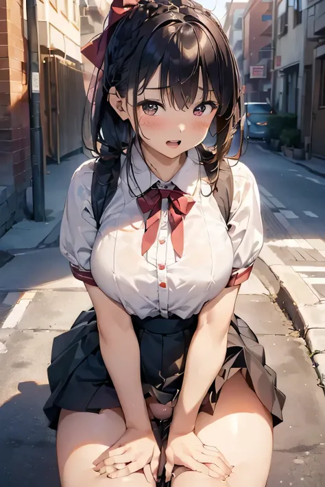 (depicting a single moment from a anime for adults), ((pleated skirt, ribbon, round face, eyes with realistic sizing, drooping eyes, blush, shame smile, thin lips, spread legs)), (((standing and straddling to hit her crotch against the pipe for self pleasu...